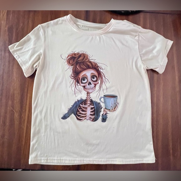 SHEIN Cream Skeleton Coffee Graphic Tee - Picture 1 of 2